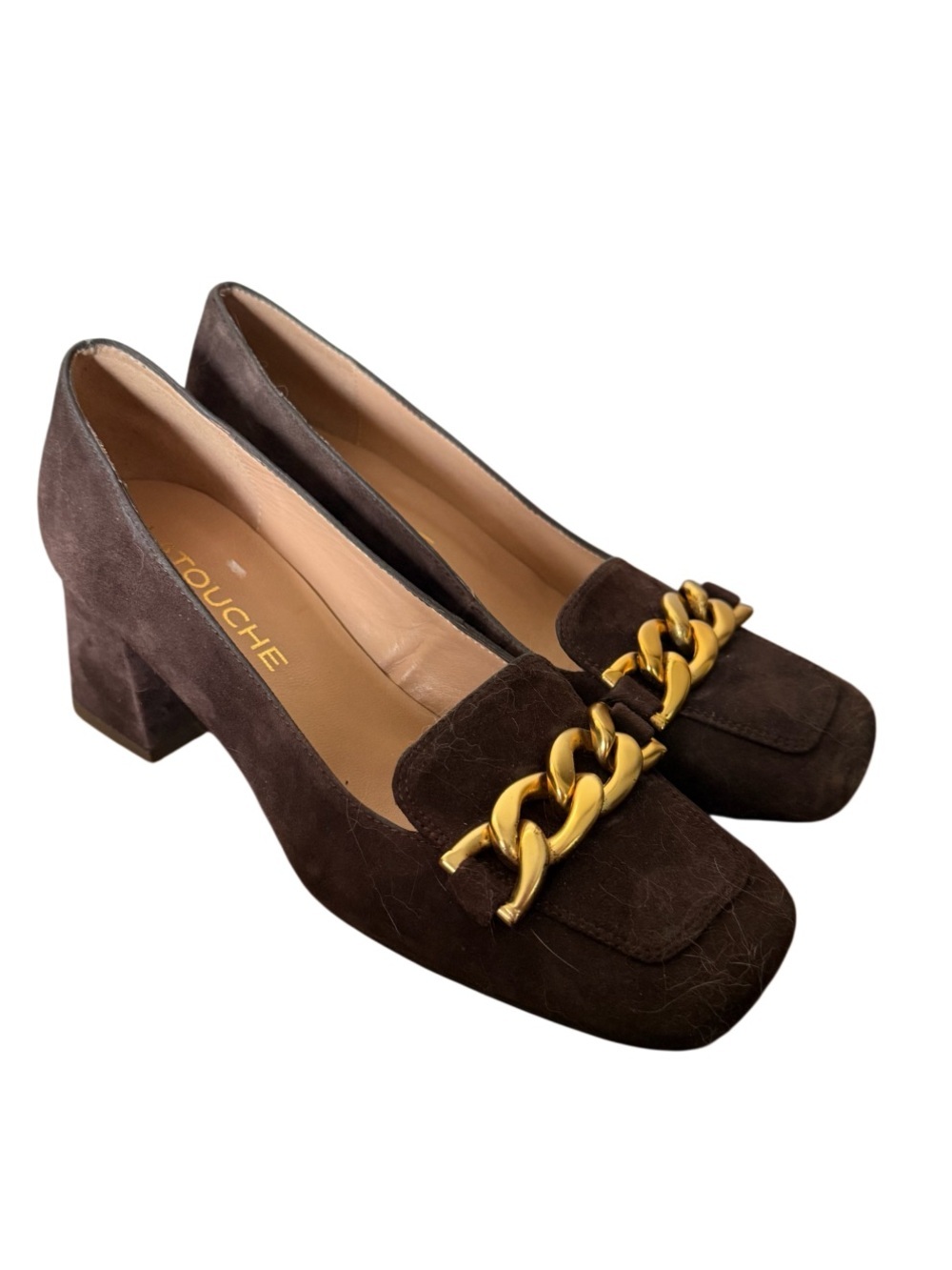 La Touché Brown Suede Chain Heels for Women, made in Spain-Size 6